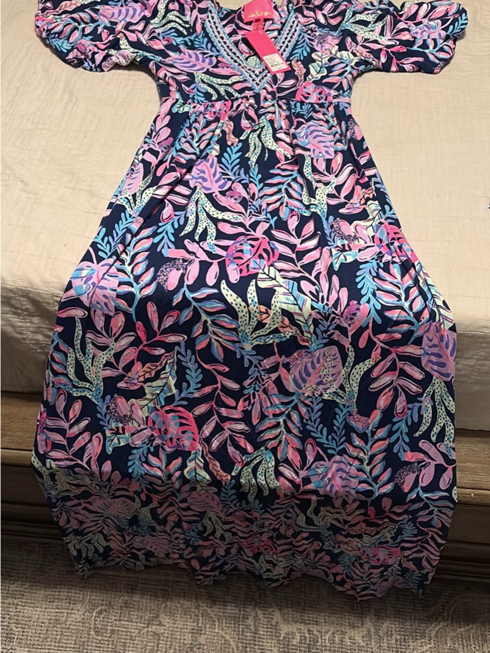 Lilly Pulitzer Navy Maxi Skirt with Pink & Aqua Leaf Motif